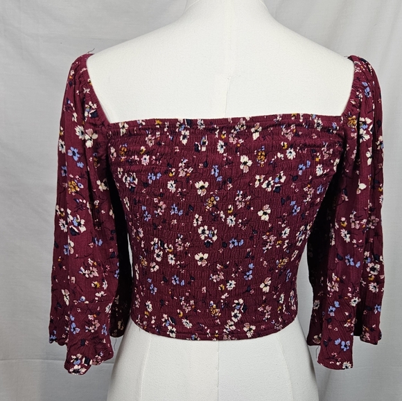 Liberty Love Burgundy Floral Smocked Cropped Flutter Sleeve Y2k Cottagecore - Picture 2 of 7